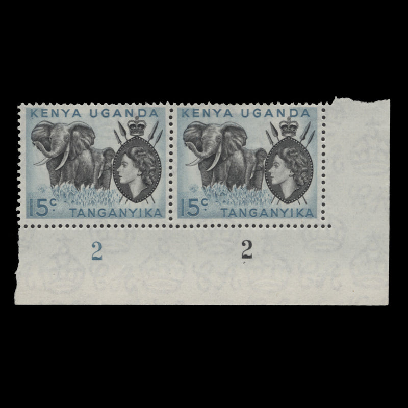 Kenya Uganda Tanganyika 1959 (MLH) 15c Elephants plate 2–2 pair