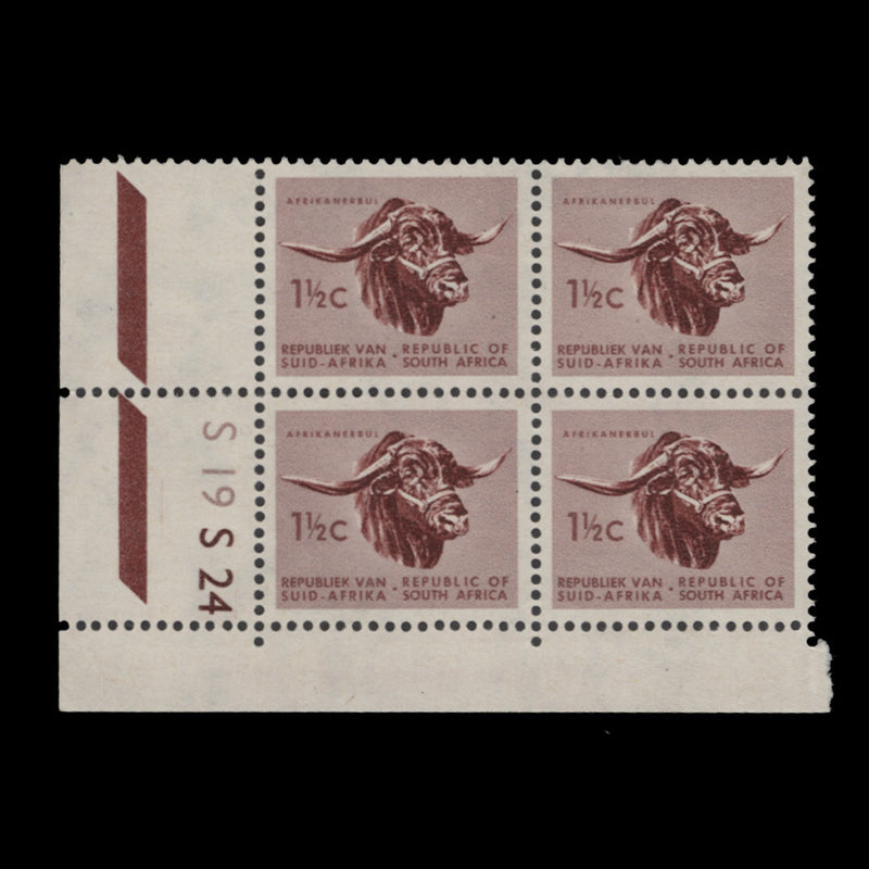 South Africa 1961 (MNH) 1½c Afrikaner Bull cylinder S19–S24 block