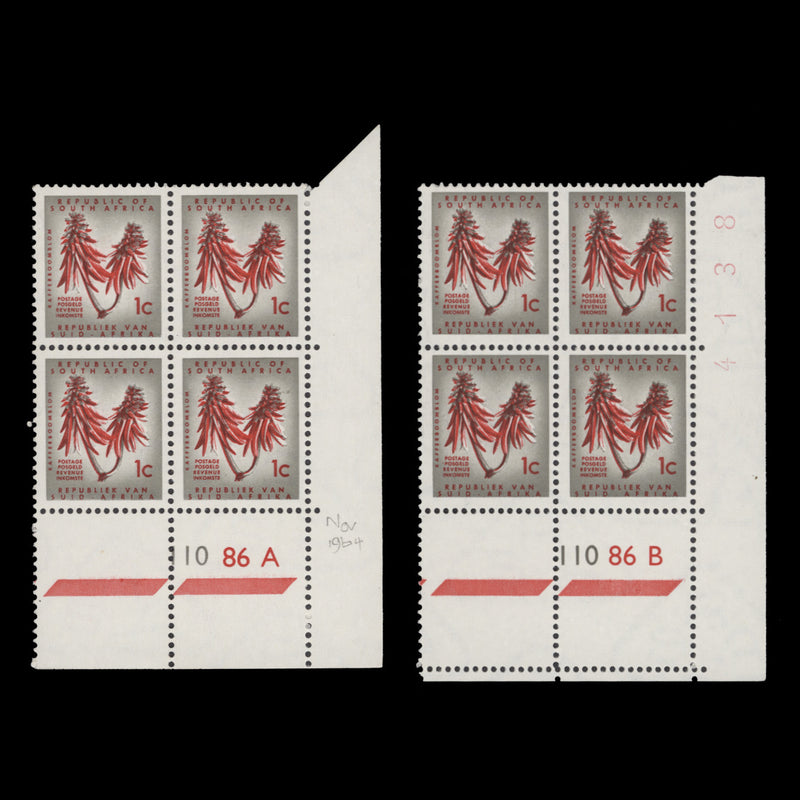 South Africa 1964 (MNH) 1c Kafferboom Flower cyl blocks, RSA wmk