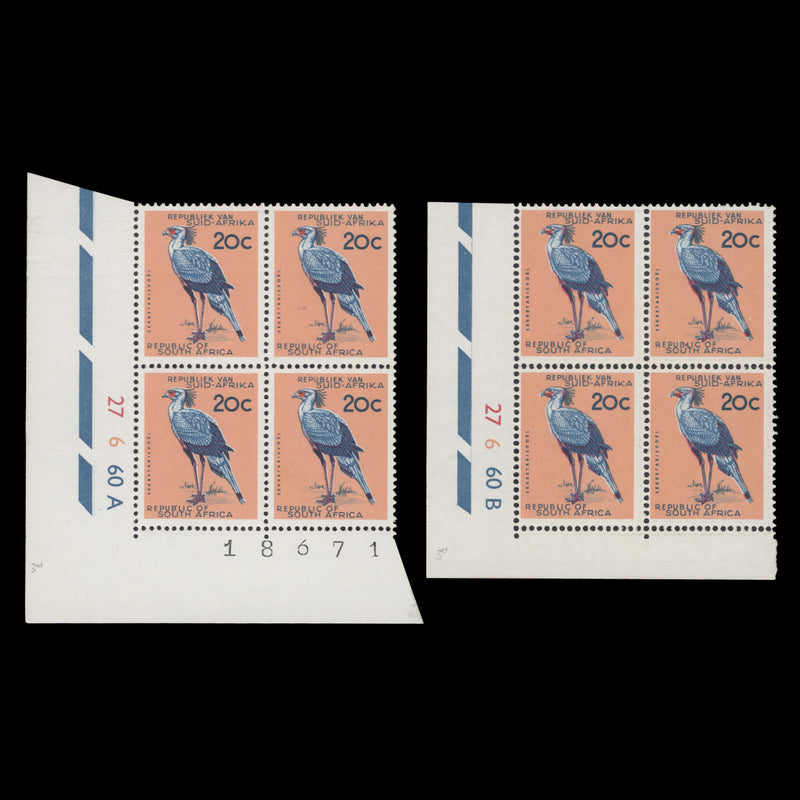 South Africa 1965 (MNH) 20c Secretary Bird cyl blocks, RSA wmk