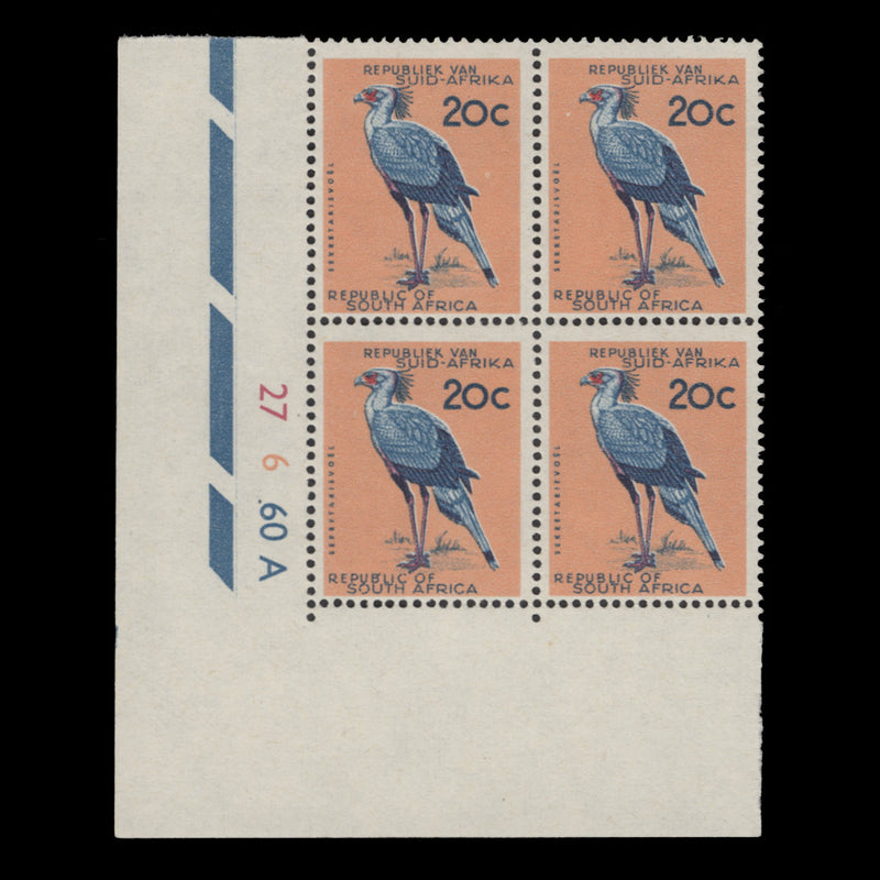 South Africa 1963 (MNH) 20c Secretary Bird cylinder 27–6–60A block