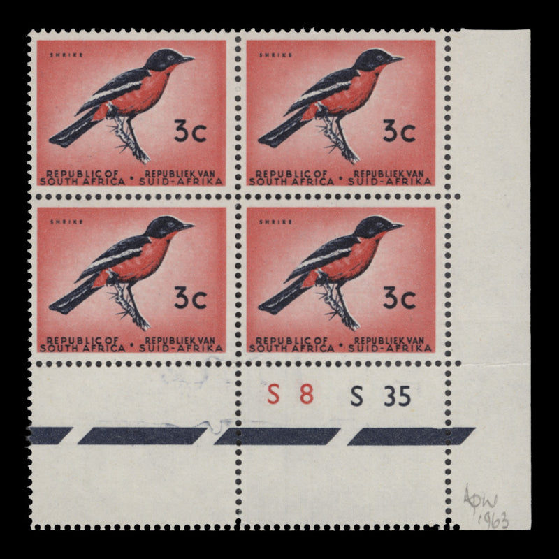 South Africa 1963 (MNH) 3c Shrike cylinder S8–S35 block