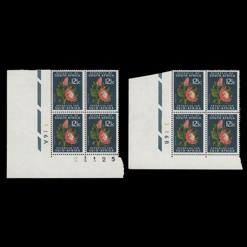 South Africa 1964 (MNH) 12½c Protea cylinder blocks, RSA wmk