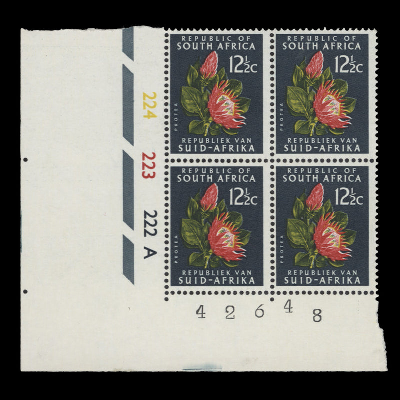 South Africa 1967 (MNH) 12½c Protea cylinder 224–223–222A block