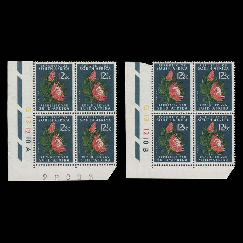 South Africa 1966 (MLH) 12½c Protea cylinder blocks, RSA watermark