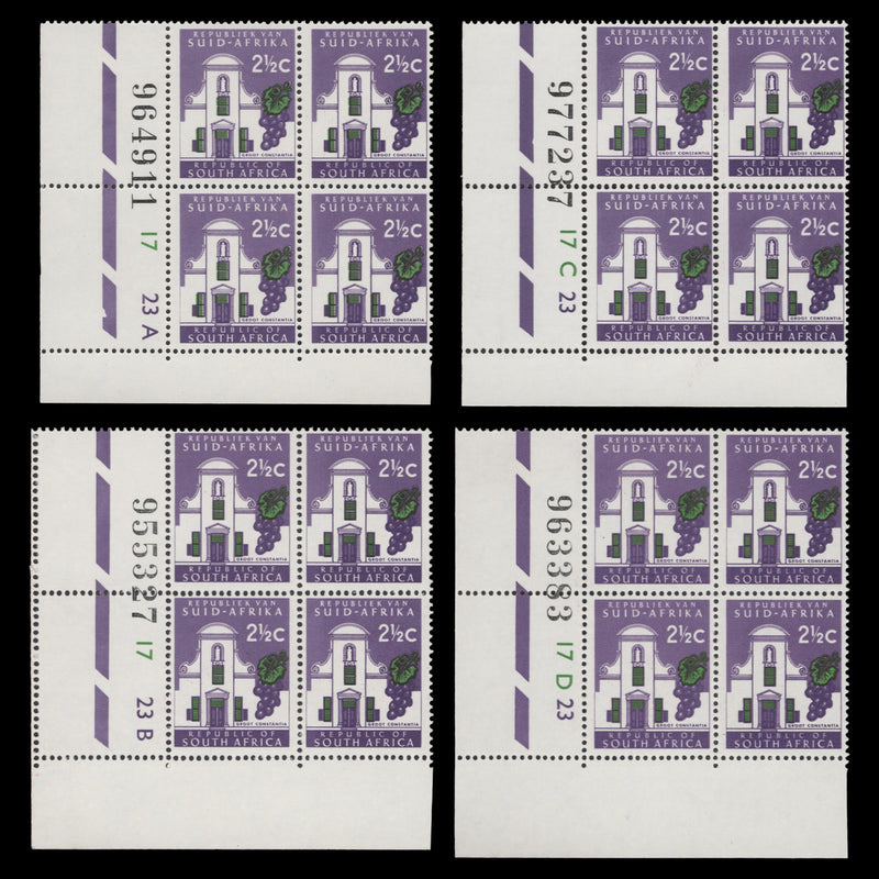 South Africa 1967 (MLH) 2½c Groot Constantia cyl blocks, RSA wmk