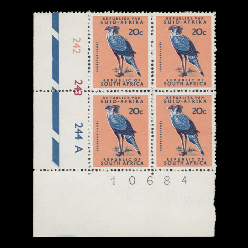 South Africa 1968 (MNH) 20c Secretary Bird cyl block, tête-bêche wmk