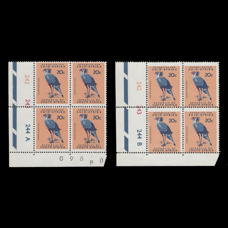 South Africa 1968 (MNH) 20c Secretary Bird cyl blocks, tête-bêche wmk