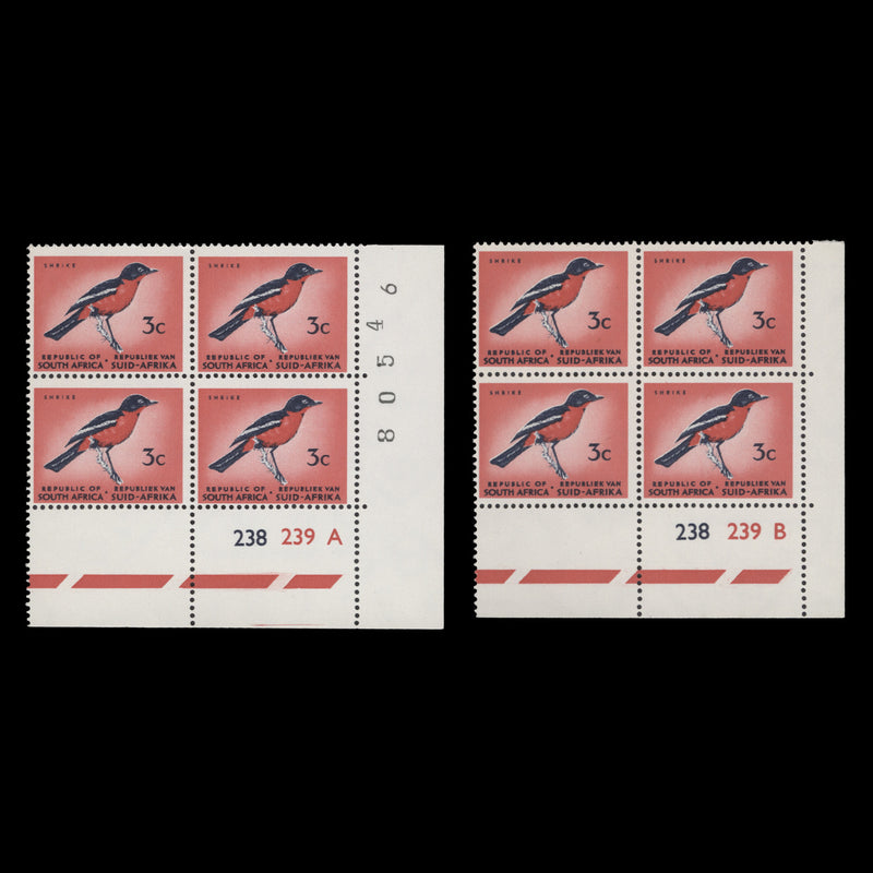 South Africa 1967 (MNH) 3c Shrike cyl blocks, RSA tête-bêche wmk