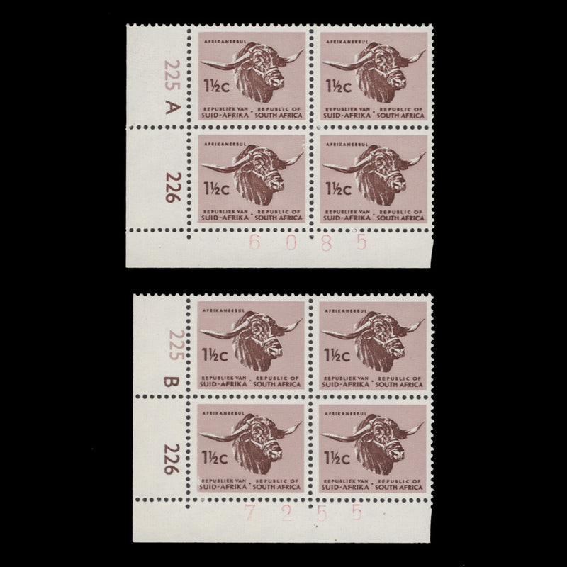 South Africa 1967 (MNH) 1½c Afrikaner Bull cyl blocks, tête-bêche wmk