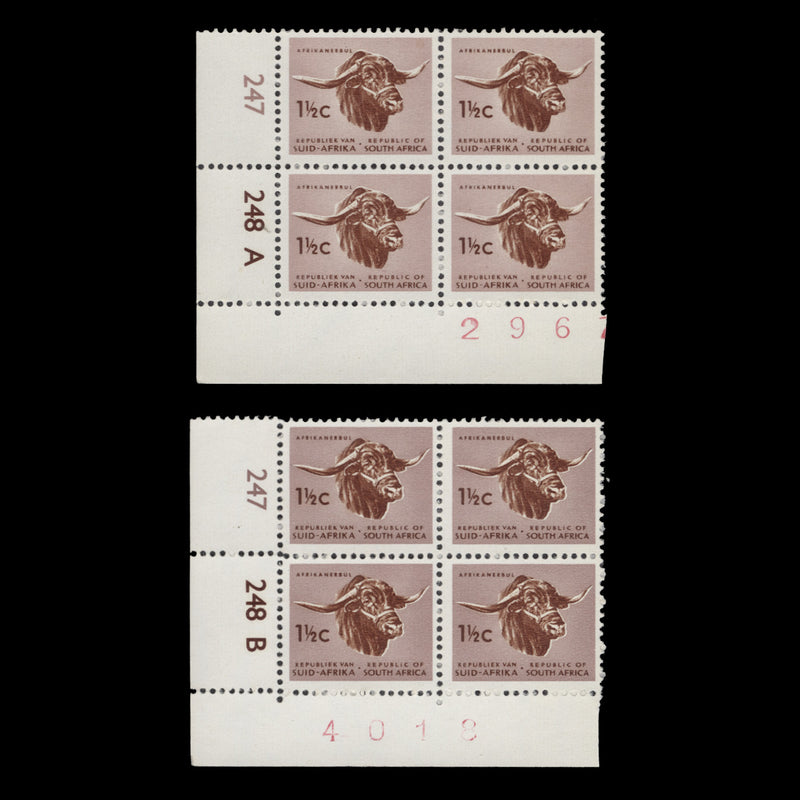 South Africa 1968 (MNH) 1½c Afrikaner Bull cyl blocks, tête-bêche wmk