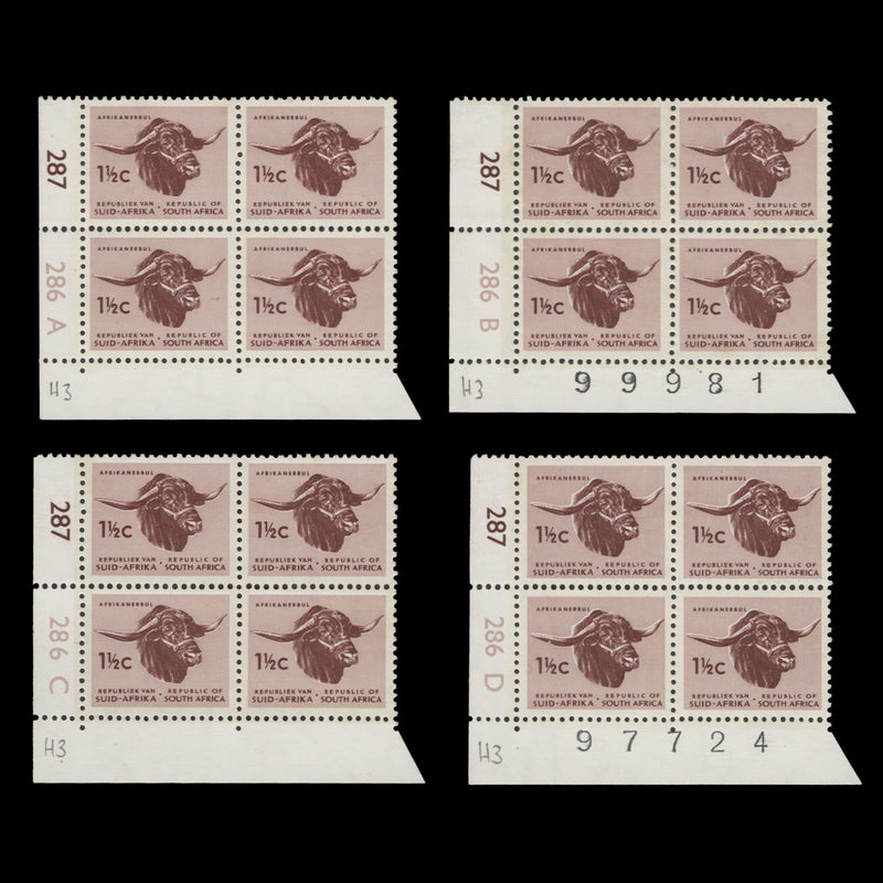 South Africa 1971 (MNH) 1½c Afrikaner Bull cyl block, phosphor frame