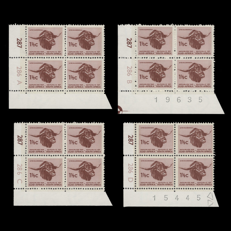 South Africa 1970 (MNH) 1½c Afrikaner Bull cyl blocks, phosphor frame