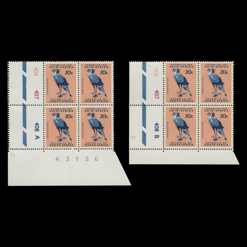 South Africa 1970 (MNH) 20c Secretary Bird cyl blocks, phosphor frame