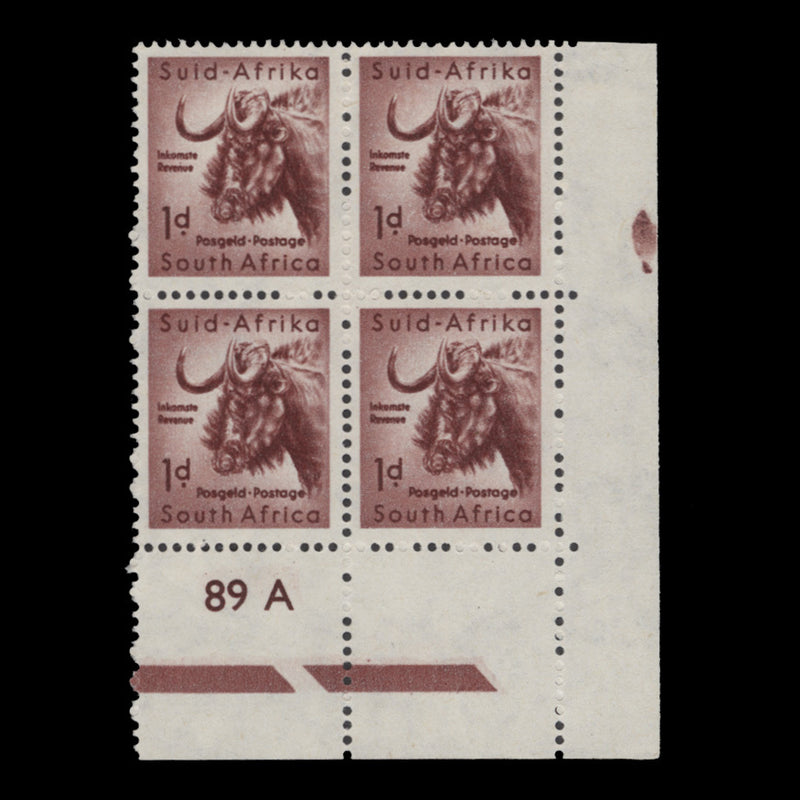 South Africa 1960 (MLH) 1d Black Wildebeest cylinder 89A block, type II