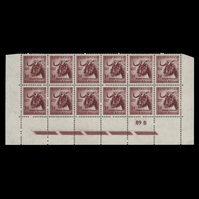 South Africa 1960 (MLH) 1d Black Wildebeest cylinder 89B block, type II