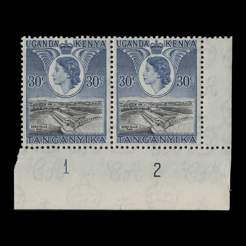 Kenya Uganda Tanganyika 1954 (MLH) 30c Owen Falls plate 1–2 pair