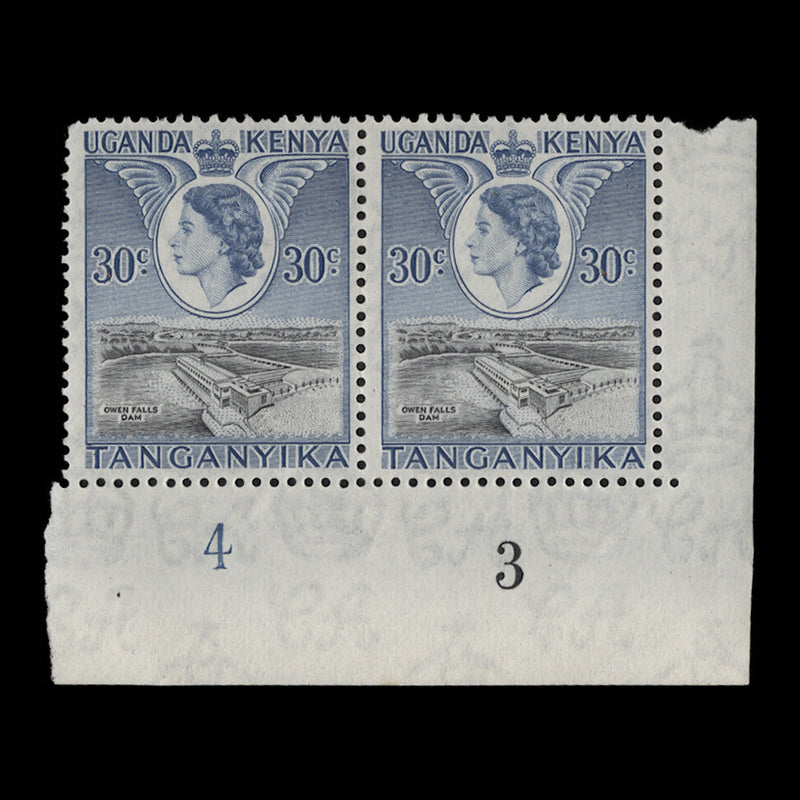 Kenya Uganda Tanganyika 1954 (MLH) 30c Owen Falls plate 4–3 pair