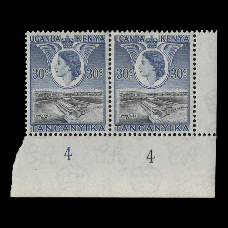 Kenya Uganda Tanganyika 1954 (MLH) 30c Owen Falls plate 4-4 pair