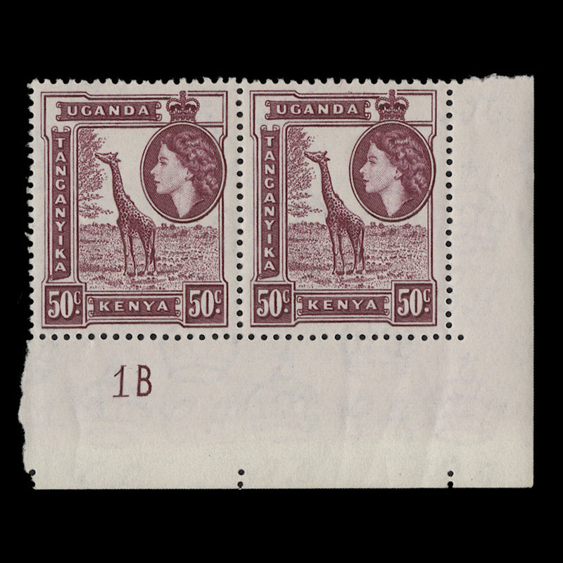 Kenya Uganda Tanganyika 1954 (MLH) 50c Giraffe plate 1B pair