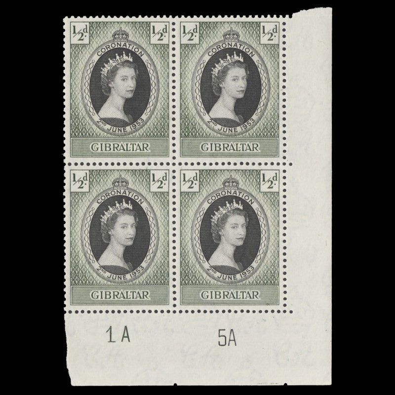 Gibraltar 1953 (MNH) ½d Coronation plate 1A–5A block