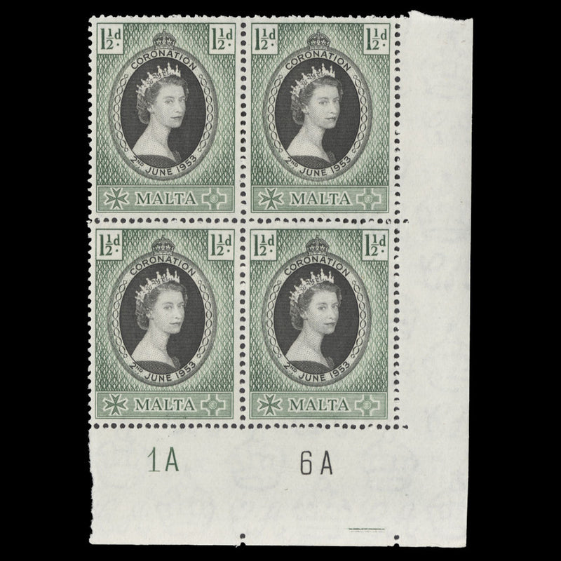 Malta 1953 (MNH) 1½d Coronation plate 1A–6A block