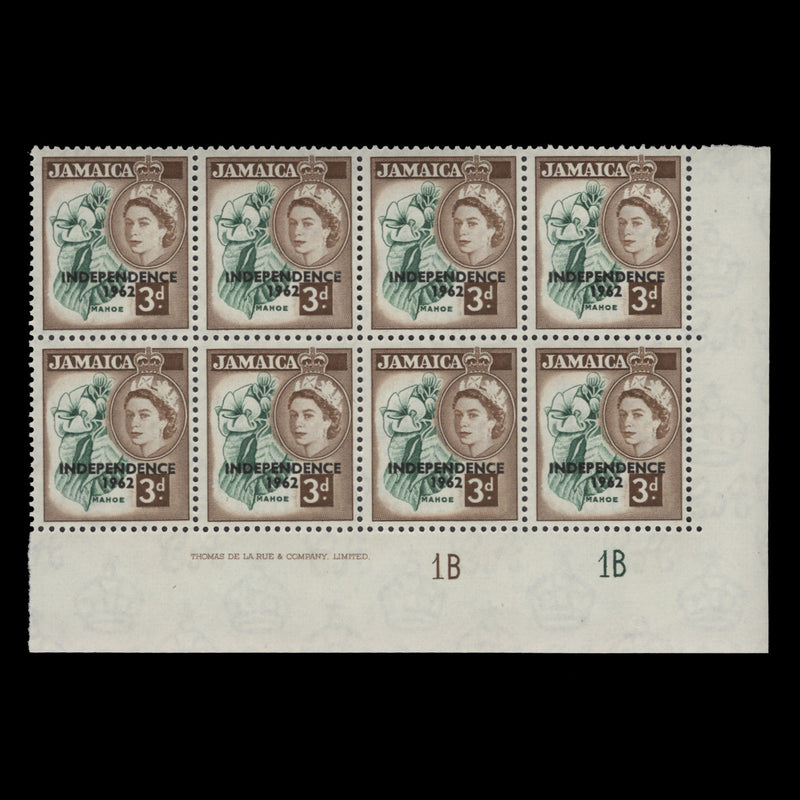 Jamaica 1962 (MNH) 3d Mahoe imprint/plate 1B–1B block
