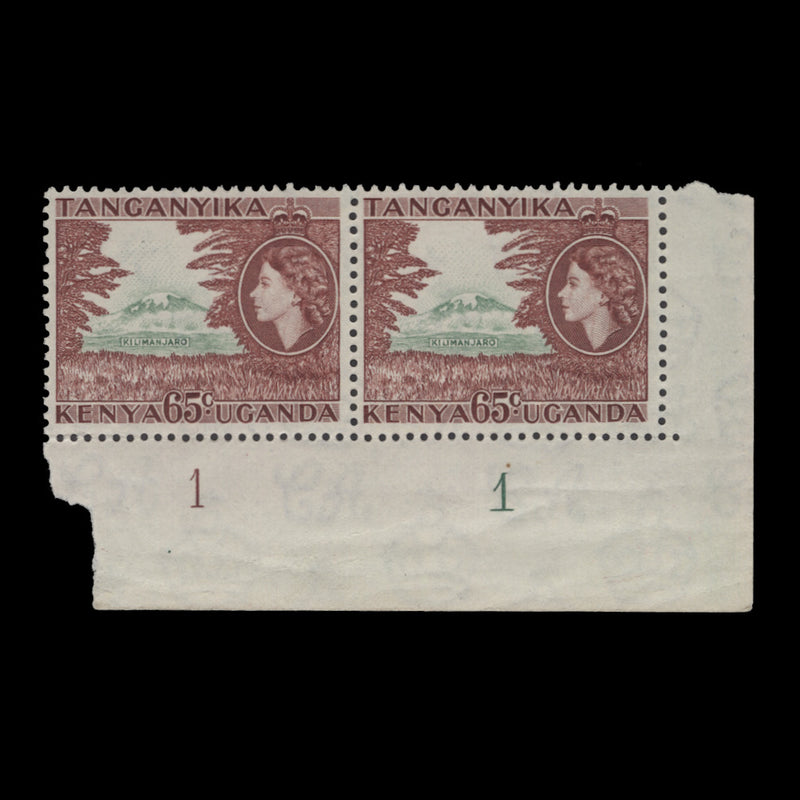 Kenya Uganda Tanganyika 1955 (MLH) 65c Kilimanjaro plate pair