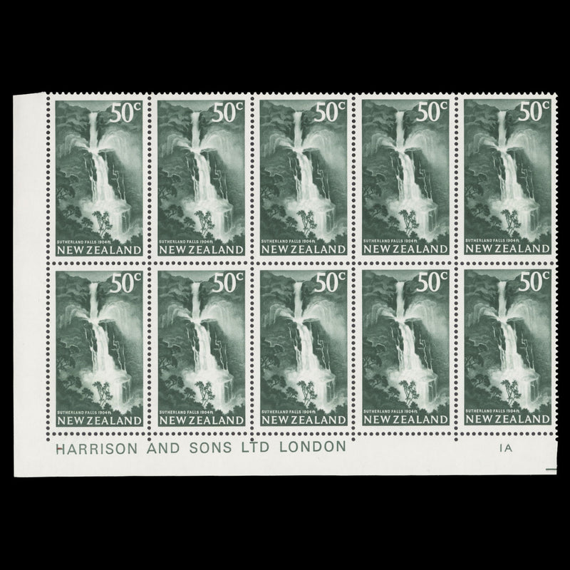 New Zealand 1967 (MNH) 50c Sutherland Falls imprint/plate block, gum arabic