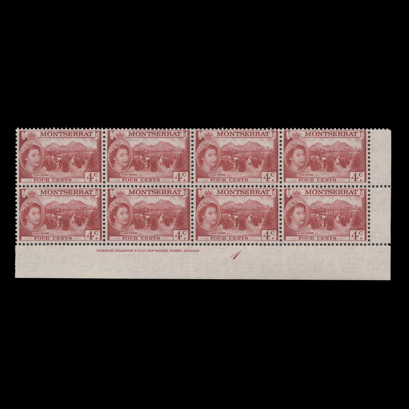 Montserrat 1955 (MNH) 4c Picking Tomatoes imprint/plate 1 block