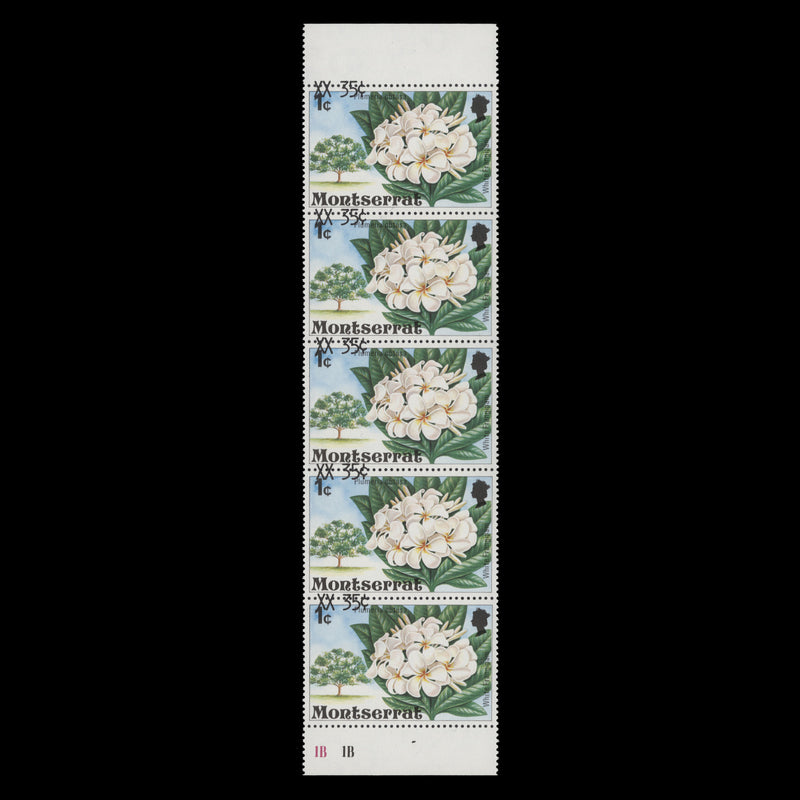 Montserrat 1980 (Variety) 35c/1c White Frangipani strip with surcharge shift