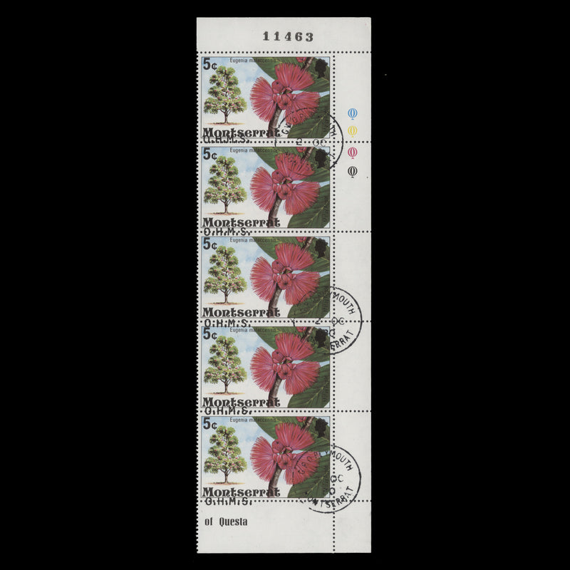 Montserrat 1980 (Variety) 5c Malay Apple official strip with overprint shift