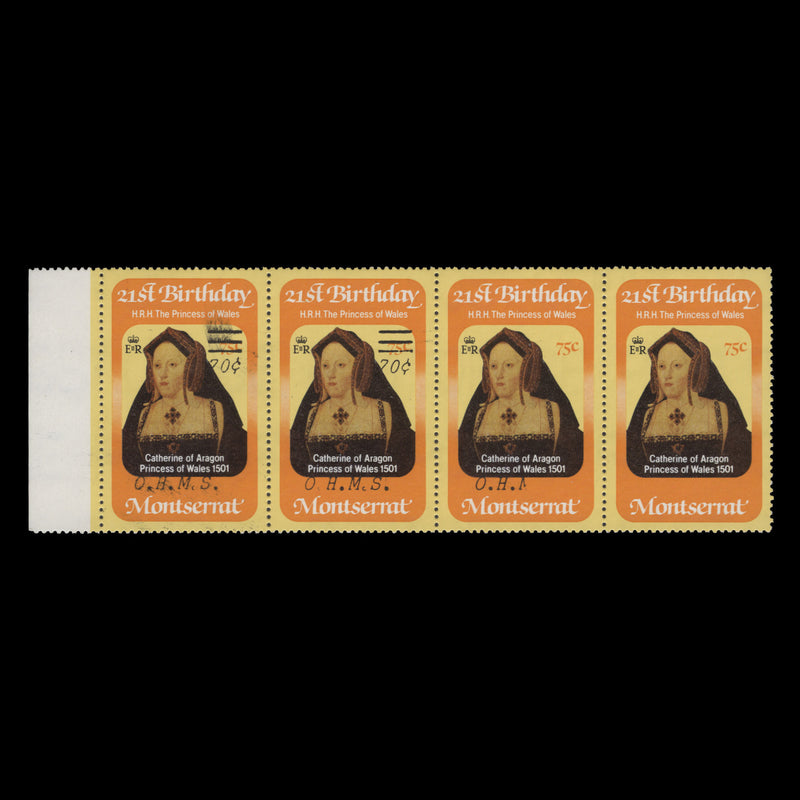 Montserrat 1983 (Variety) 70c/75c Catherine of Aragon official strip missing surcharge