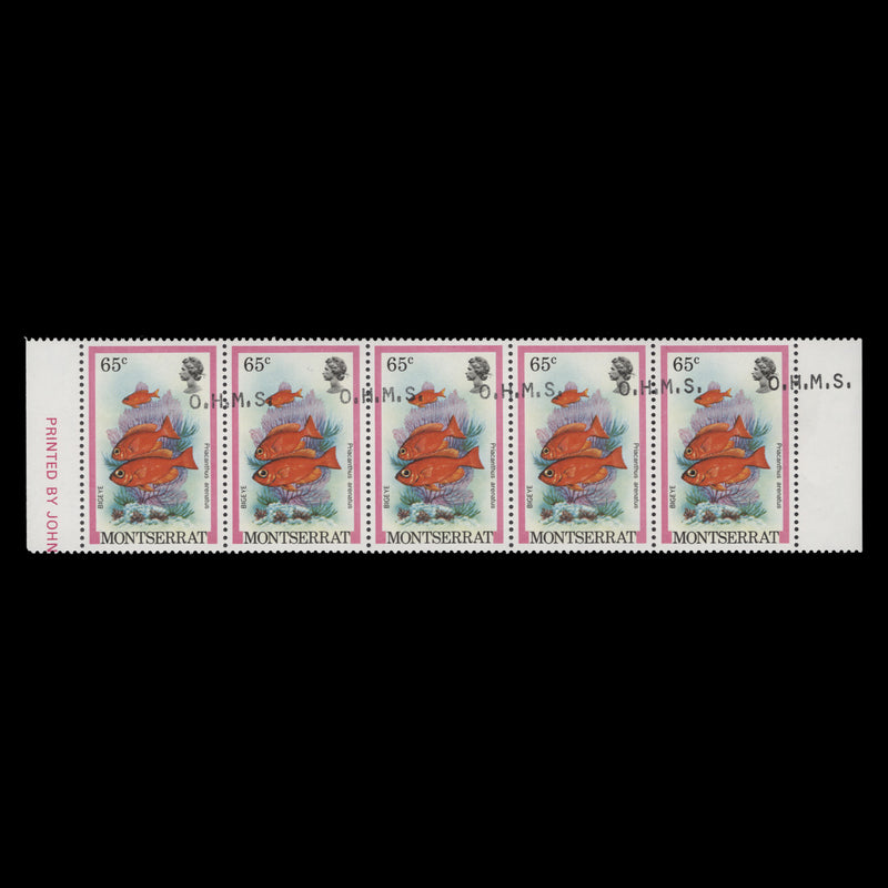 Montserrat 1981 (Variety) 65c Bigeye official strip with overprint shift