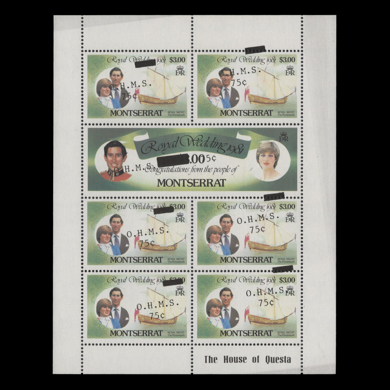 Montserrat 1982 (Variety) 75c/$3 Royal Wedding official sheetlet with overprint shift