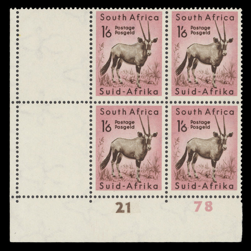 South Africa 1954 (MNH) 1s6d Gemsbok cylinder 21–78 block